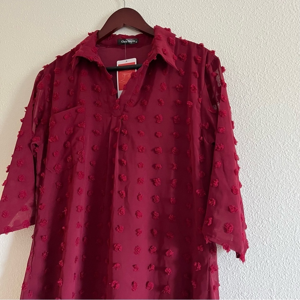 NWT Chic Style Size Small Burgundy Red 3/4 Sleeve Shift Dress - Picture 3 of 9
